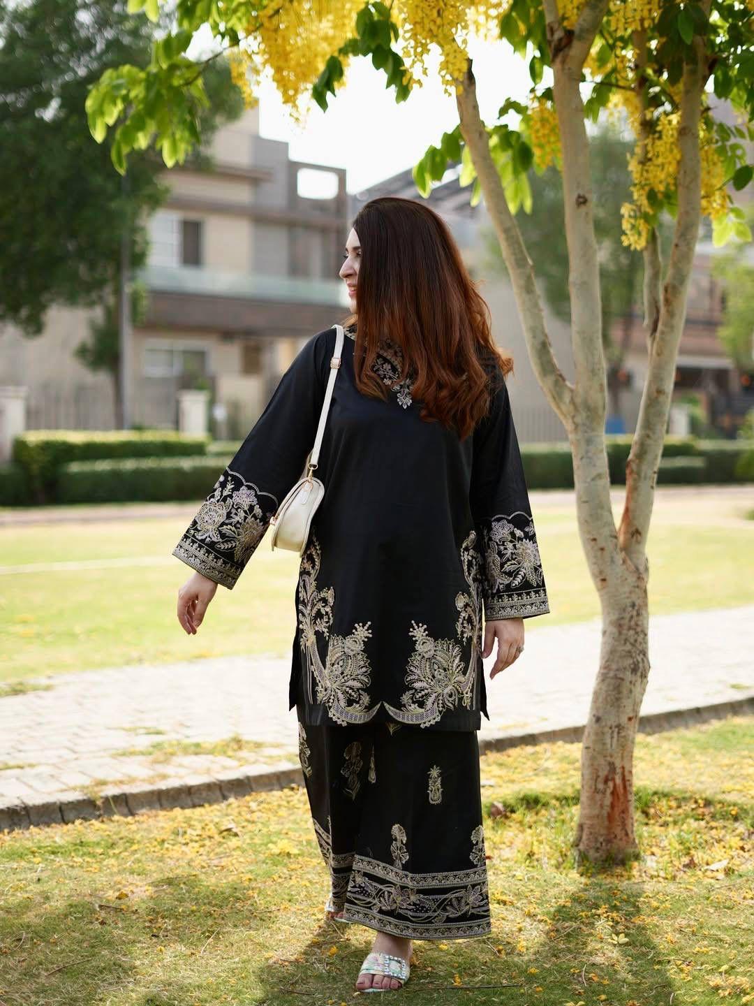 Elegant Black Embroidered Muslin Cotton Co-ord Set