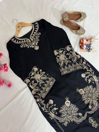 Elegant Black Embroidered Muslin Cotton Co-ord Set