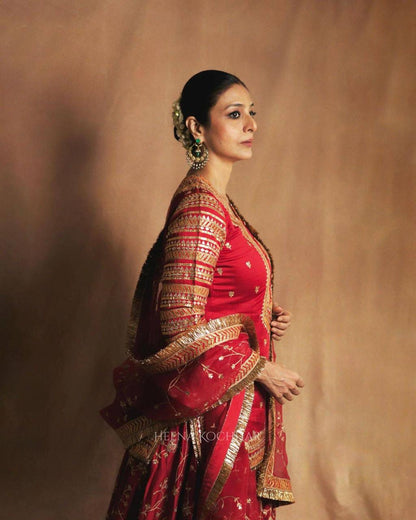Red Designer Indo-Western Taffeta Silk Lehenga Set