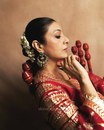 Red Designer Indo-Western Taffeta Silk Lehenga Set