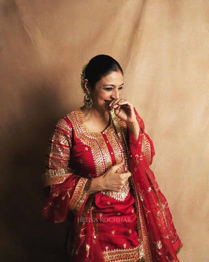 Red Designer Indo-Western Taffeta Silk Lehenga Set