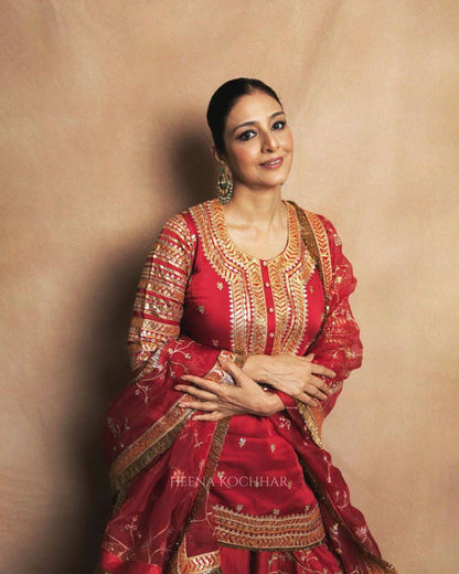 Red Designer Indo-Western Taffeta Silk Lehenga Set