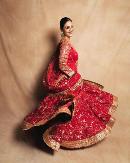 Red Designer Indo-Western Taffeta Silk Lehenga Set
