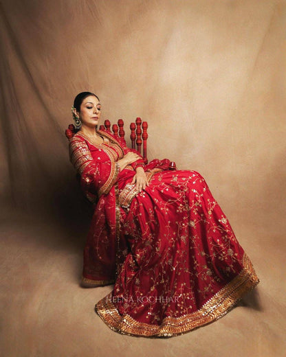 Red Designer Indo-Western Taffeta Silk Lehenga Set