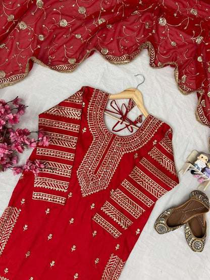 Red Designer Indo-Western Taffeta Silk Lehenga Set