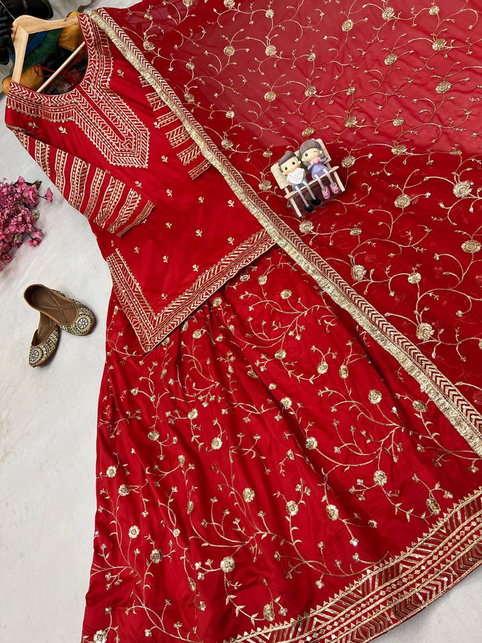Red Designer Indo-Western Taffeta Silk Lehenga Set