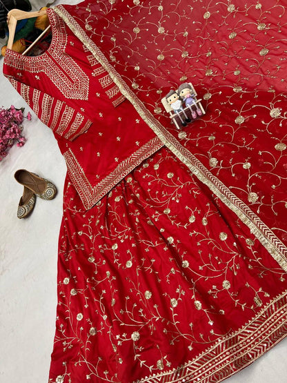 Red Designer Indo-Western Taffeta Silk Lehenga Set