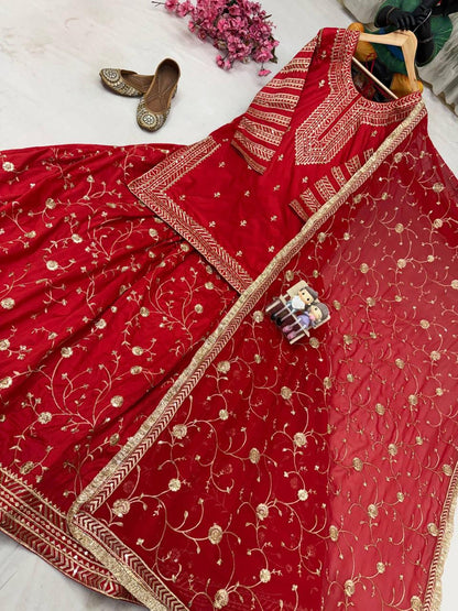 Red Designer Indo-Western Taffeta Silk Lehenga Set