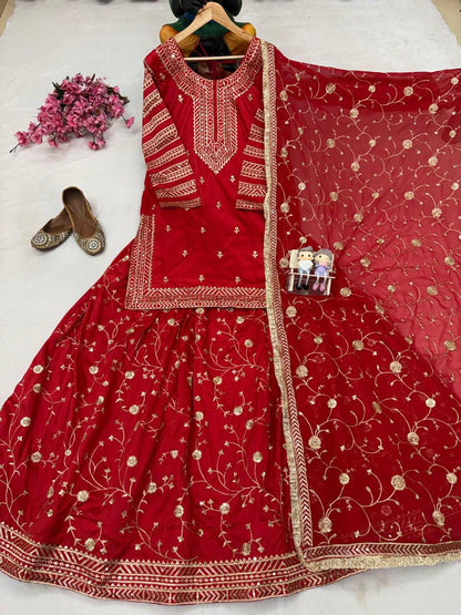 Red Designer Indo-Western Taffeta Silk Lehenga Set