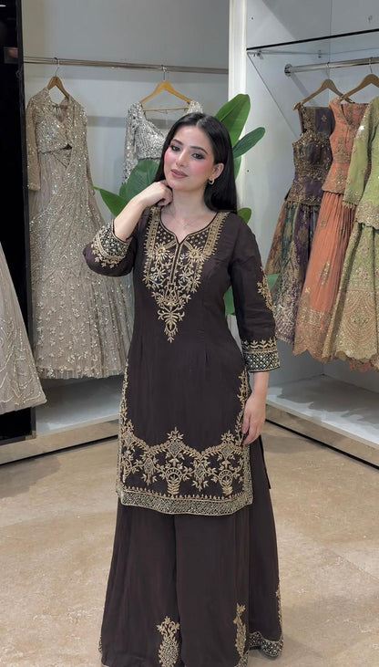 Chocolate Brown Embroidered Natural Crepe Silk Palazzo Set