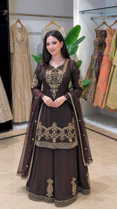 Chocolate Brown Embroidered Natural Crepe Silk Palazzo Set