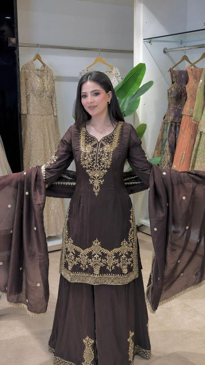 Chocolate Brown Embroidered Natural Crepe Silk Palazzo Set