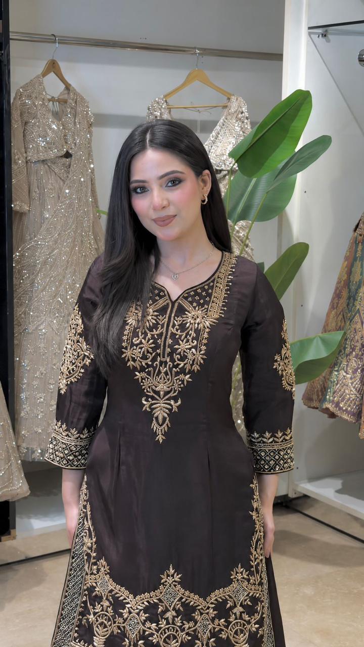 Chocolate Brown Embroidered Natural Crepe Silk Palazzo Set