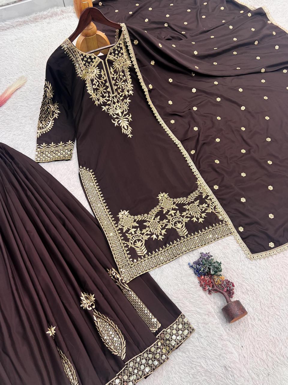 Chocolate Brown Embroidered Natural Crepe Silk Palazzo Set
