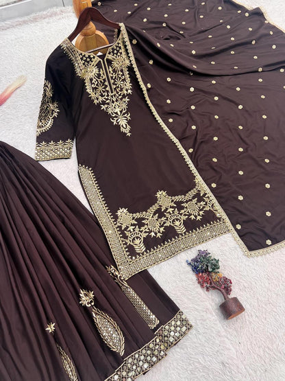 Chocolate Brown Embroidered Natural Crepe Silk Palazzo Set