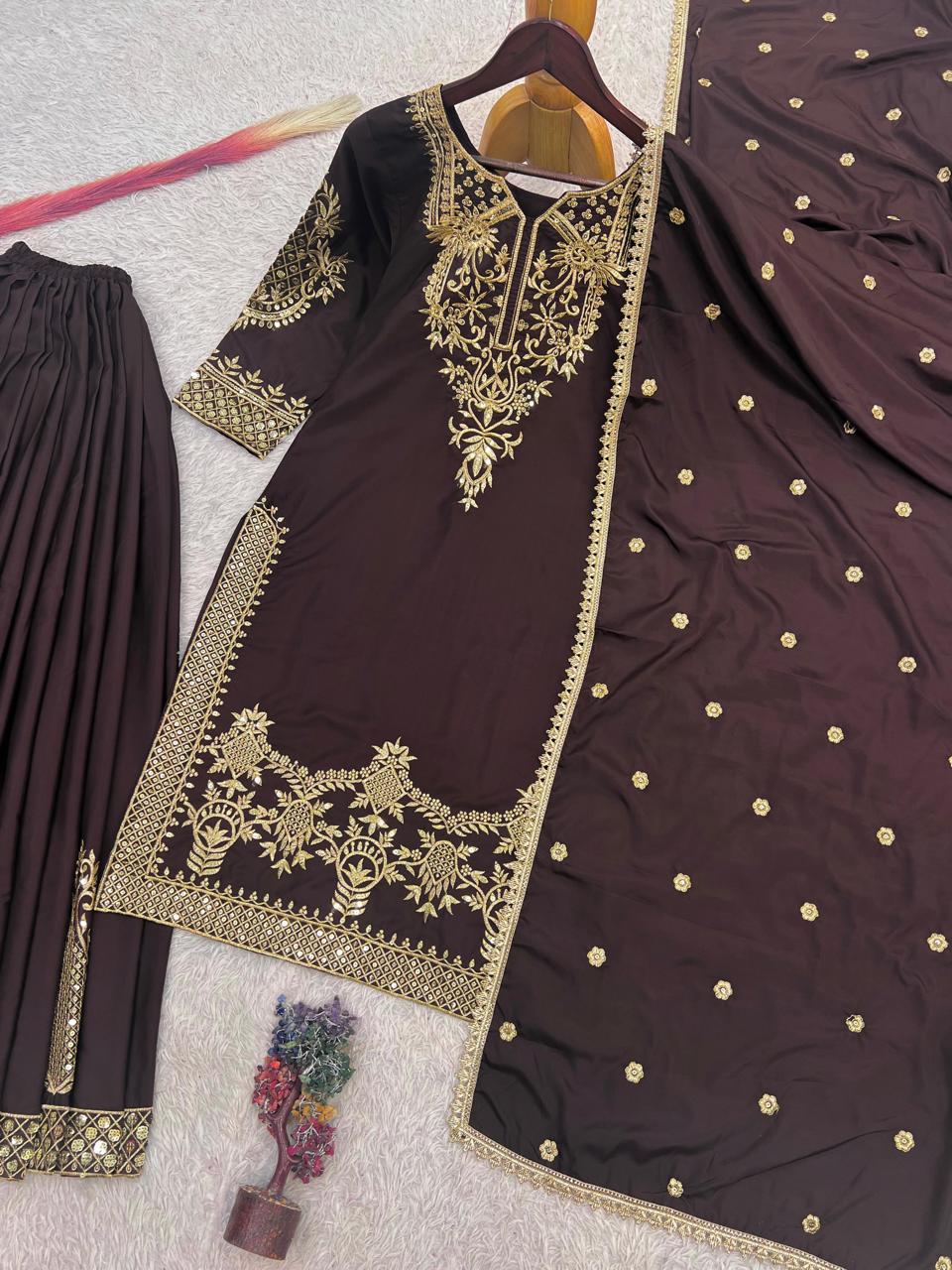 Chocolate Brown Embroidered Natural Crepe Silk Palazzo Set