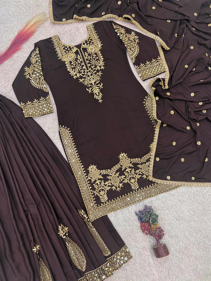 Chocolate Brown Embroidered Natural Crepe Silk Palazzo Set