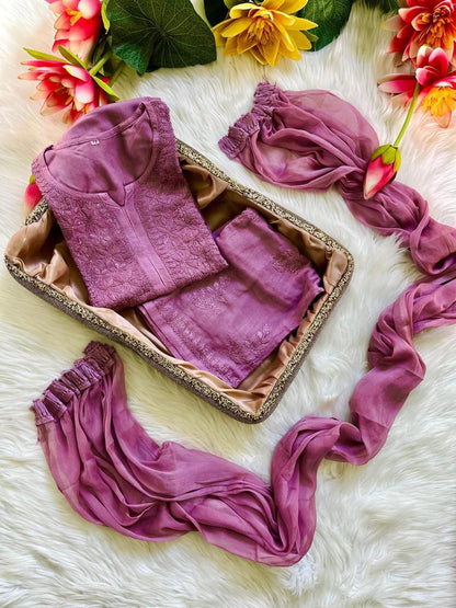 Deep mauve Ethereal  Chikankari Kurta Set (New)