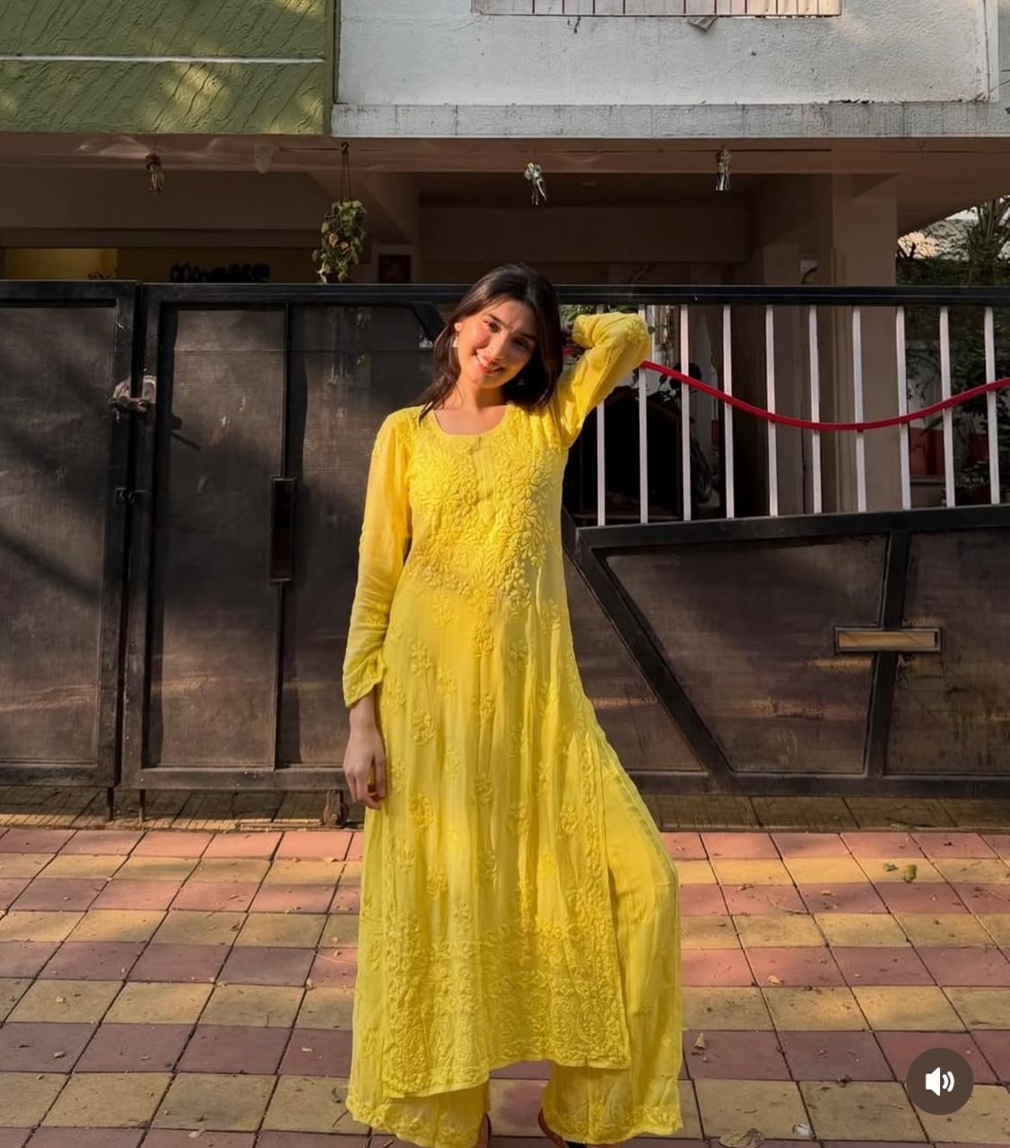 Party Wear Yellow Viscose Chikankari Kurti Set with 3D Handwork Inner included