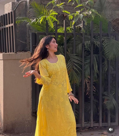 Party Wear Yellow Viscose Chikankari Kurti Set with 3D Handwork Inner included