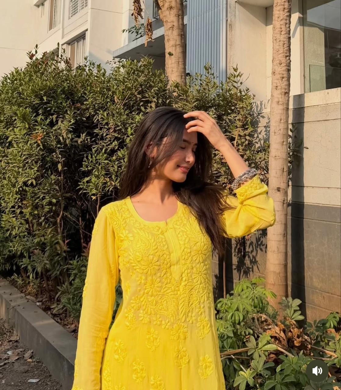 Party Wear Yellow Viscose Chikankari Kurti Set with 3D Handwork Inner included