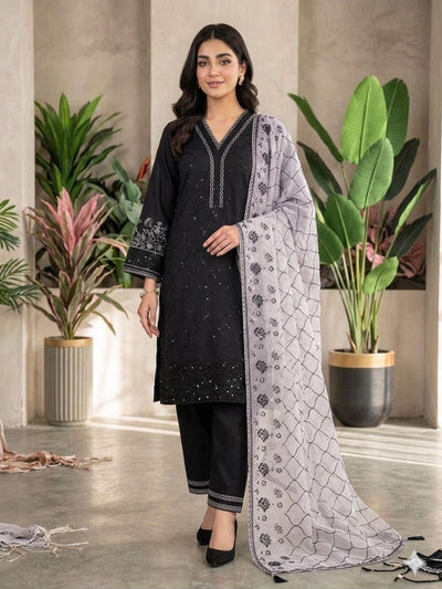 Black Sequence Embroidered Roman Silk Top, Palazzo & Lavendar Dupatta Set