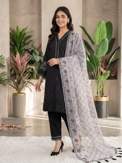 Black Sequence Embroidered Roman Silk Top, Palazzo & Lavendar Dupatta Set
