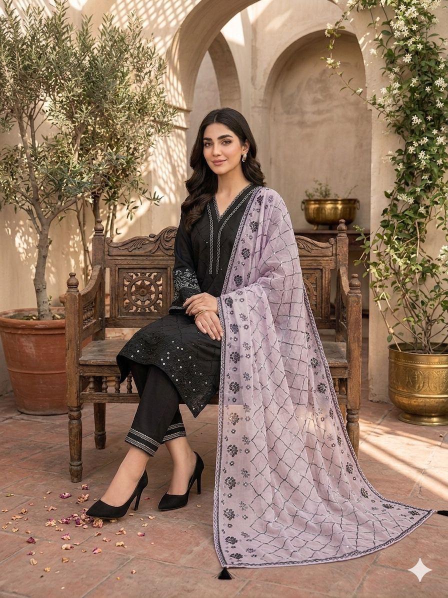 Black Sequence Embroidered Roman Silk Top, Palazzo & Lavendar Dupatta Set