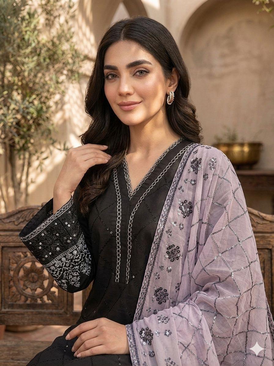 Black Sequence Embroidered Roman Silk Top, Palazzo & Lavendar Dupatta Set
