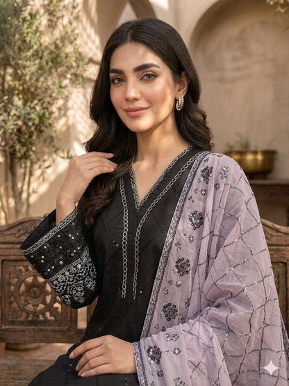 Black Sequence Embroidered Roman Silk Top, Palazzo & Lavendar Dupatta Set