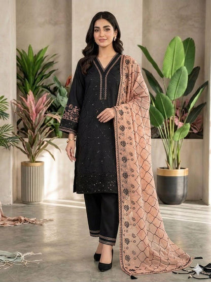 Black Sequence Embroidered Roman Silk Top, Palazzo & Peach Dupatta Set