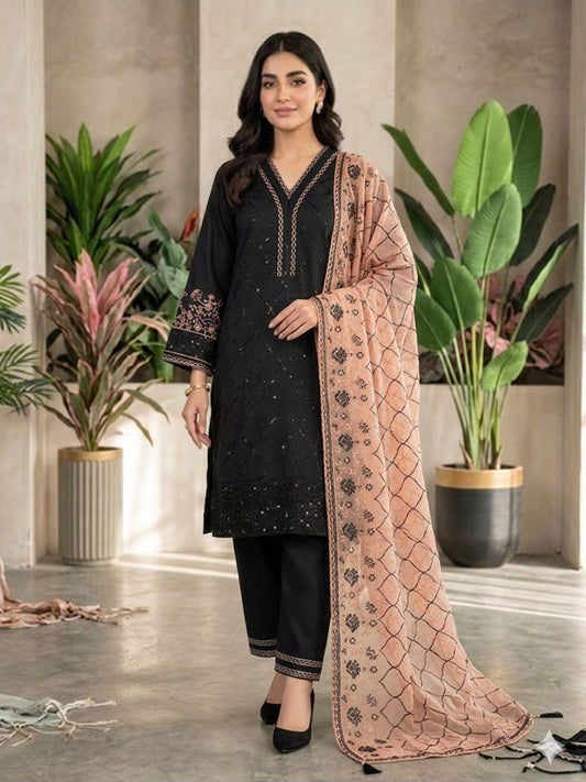 Black Sequence Embroidered Roman Silk Top, Palazzo & Peach Dupatta Set