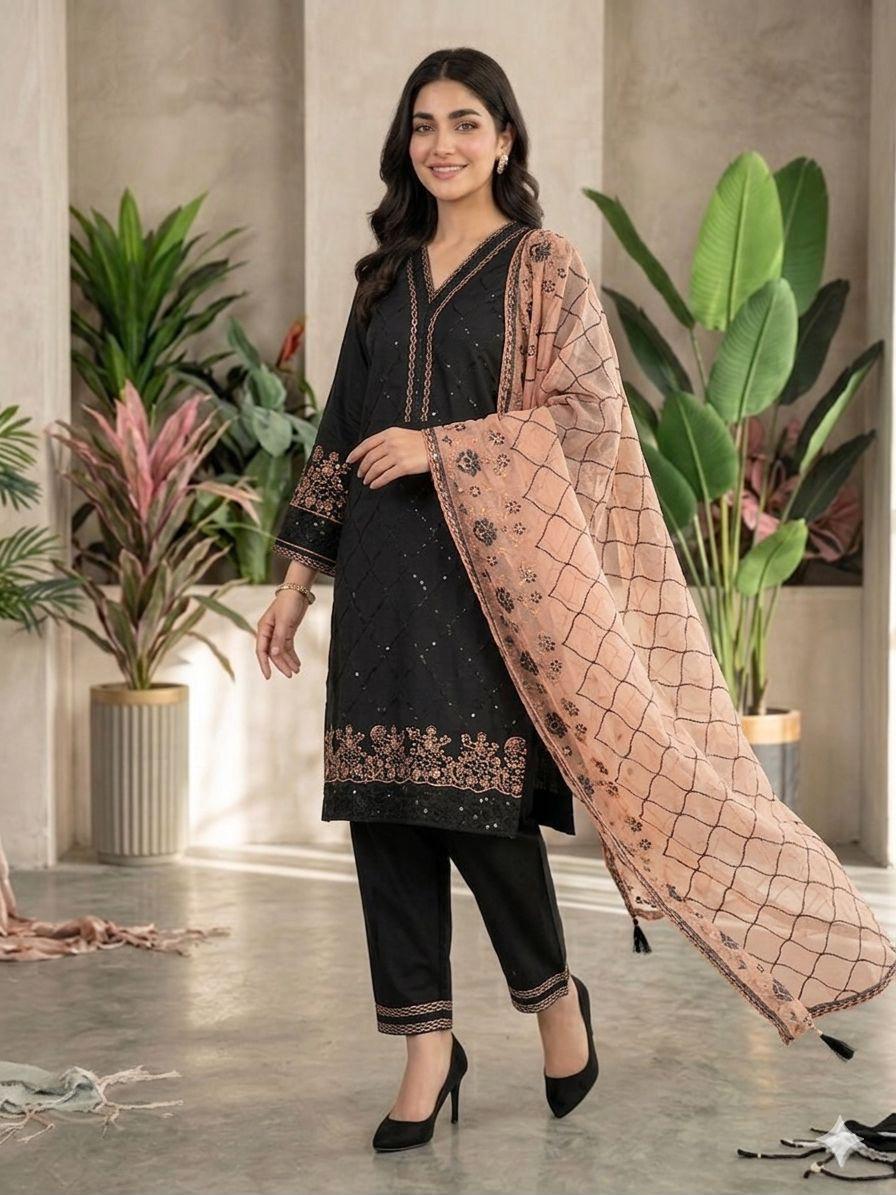 Black Sequence Embroidered Roman Silk Top, Palazzo & Peach Dupatta Set