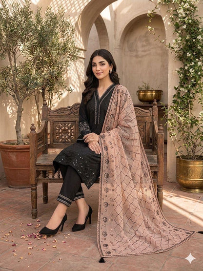 Black Sequence Embroidered Roman Silk Top, Palazzo & Peach Dupatta Set