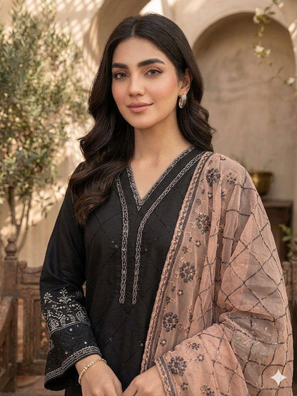 Black Sequence Embroidered Roman Silk Top, Palazzo & Peach Dupatta Set