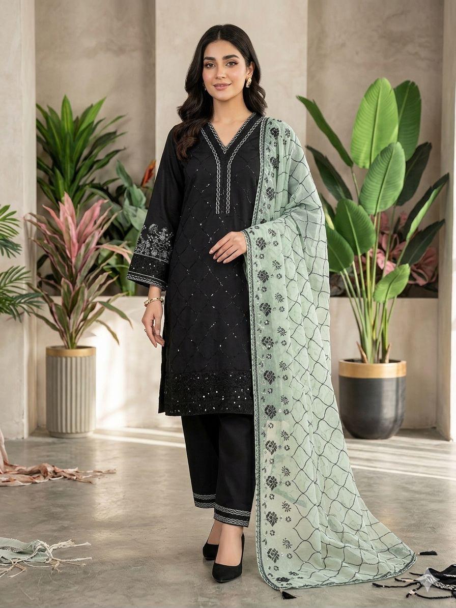 Black Sequence Embroidered Roman Silk Top, Palazzo & Mint Green Dupatta Set