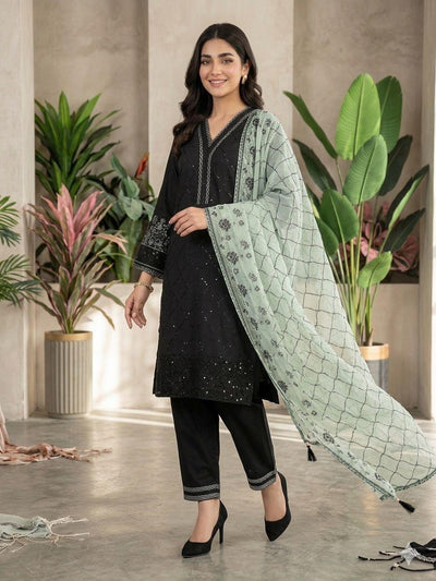 Black Sequence Embroidered Roman Silk Top, Palazzo & Mint Green Dupatta Set