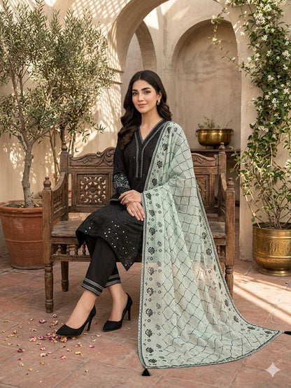 Black Sequence Embroidered Roman Silk Top, Palazzo & Mint Green Dupatta Set