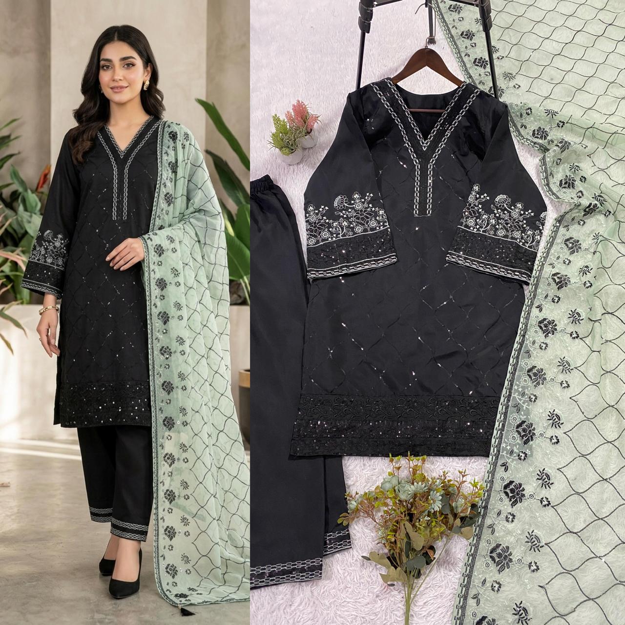 Black Sequence Embroidered Roman Silk Top, Palazzo & Mint Green Dupatta Set
