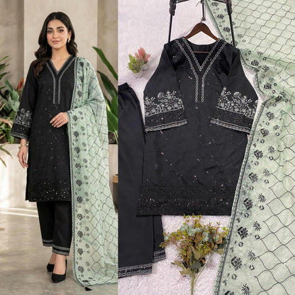 Black Sequence Embroidered Roman Silk Top, Palazzo & Mint Green Dupatta Set