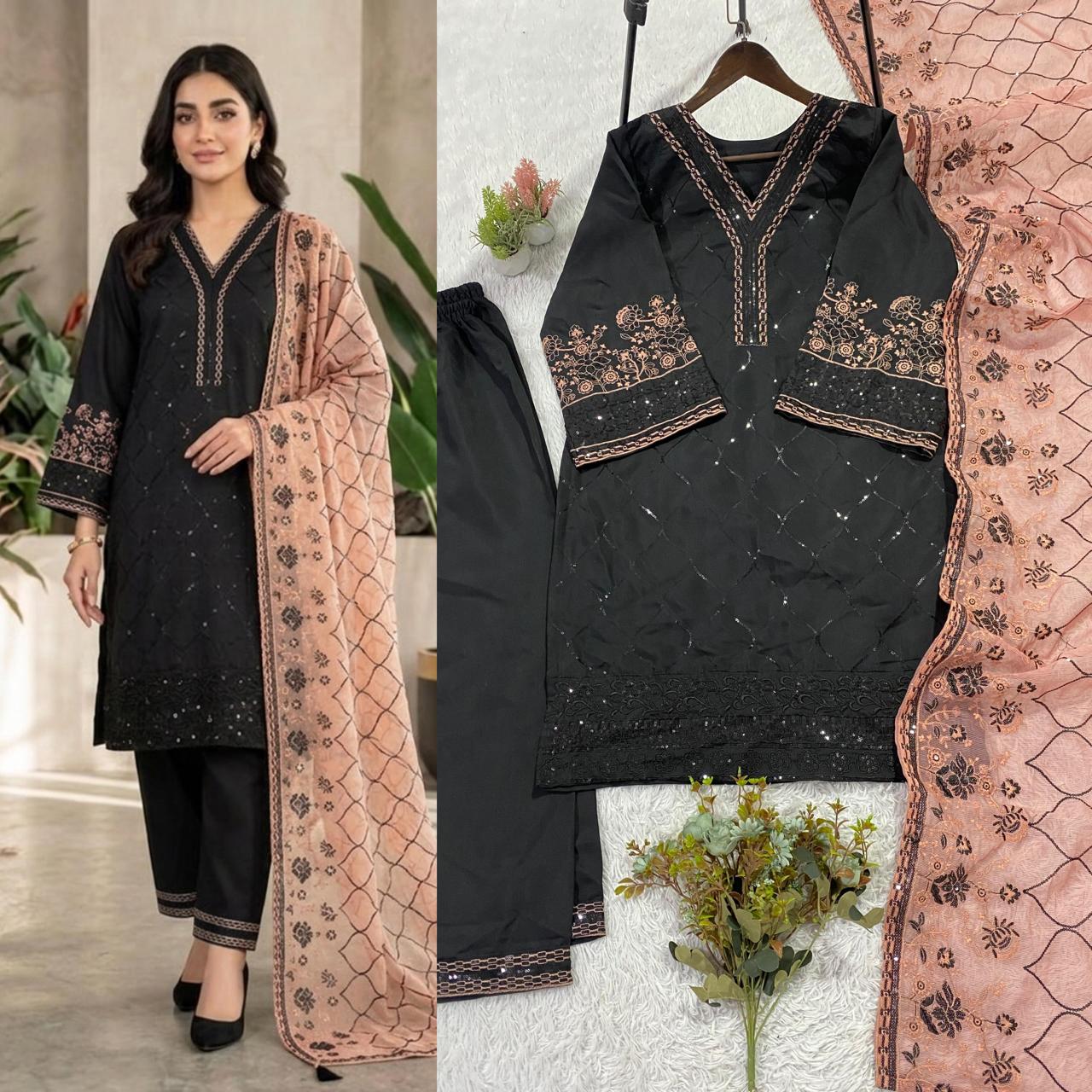Black Sequence Embroidered Roman Silk Top, Palazzo & Peach Dupatta Set