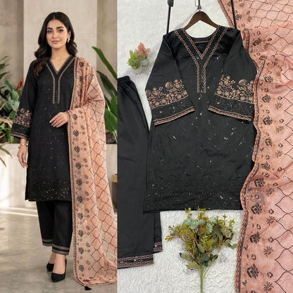 Black Sequence Embroidered Roman Silk Top, Palazzo & Peach Dupatta Set