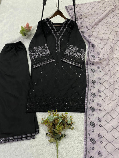 Black Sequence Embroidered Roman Silk Top, Palazzo & Lavendar Dupatta Set