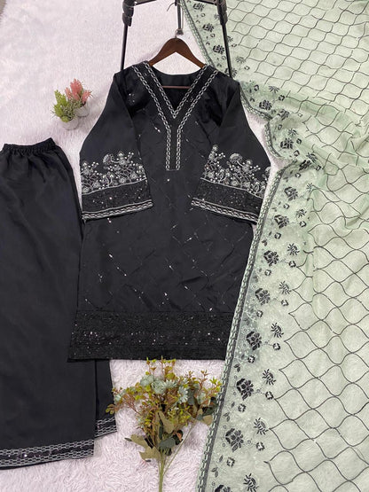 Black Sequence Embroidered Roman Silk Top, Palazzo & Mint Green Dupatta Set