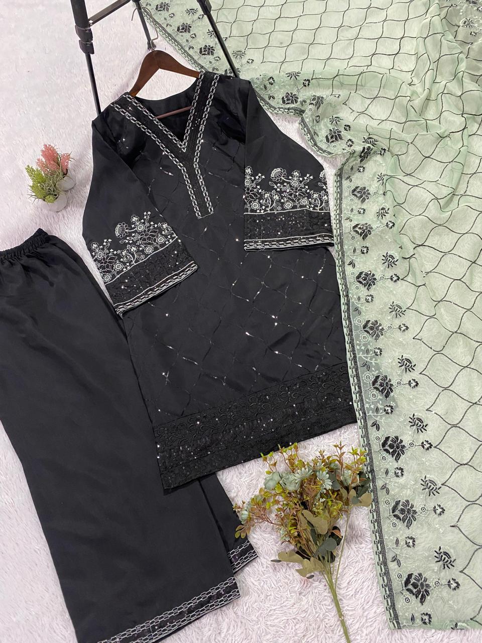 Black Sequence Embroidered Roman Silk Top, Palazzo & Mint Green Dupatta Set