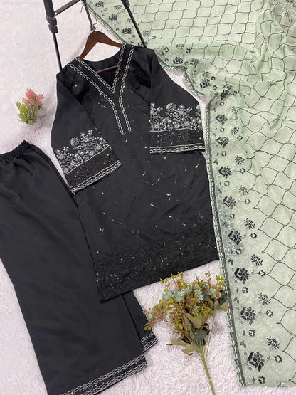 Black Sequence Embroidered Roman Silk Top, Palazzo & Mint Green Dupatta Set