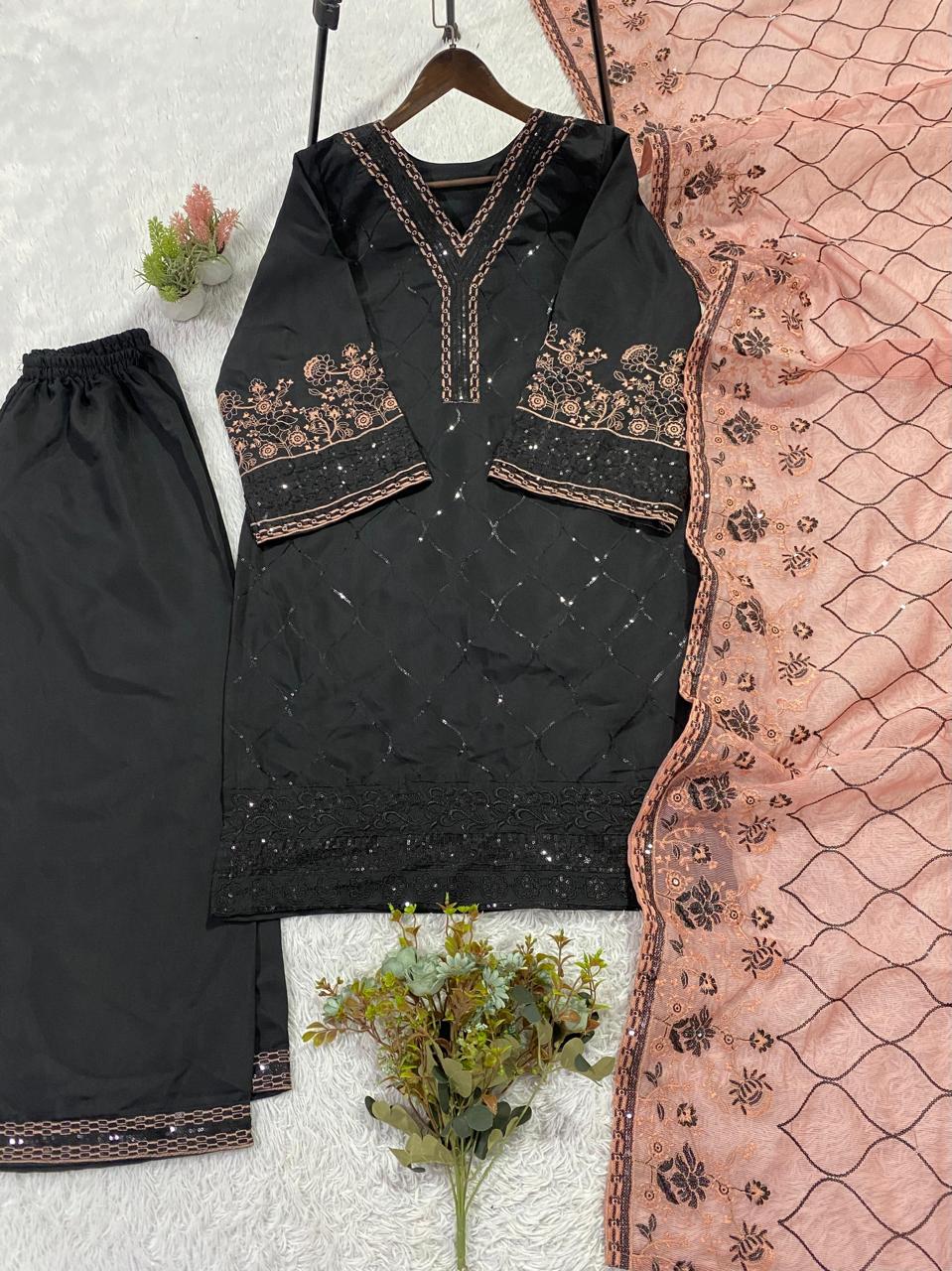 Black Sequence Embroidered Roman Silk Top, Palazzo & Peach Dupatta Set