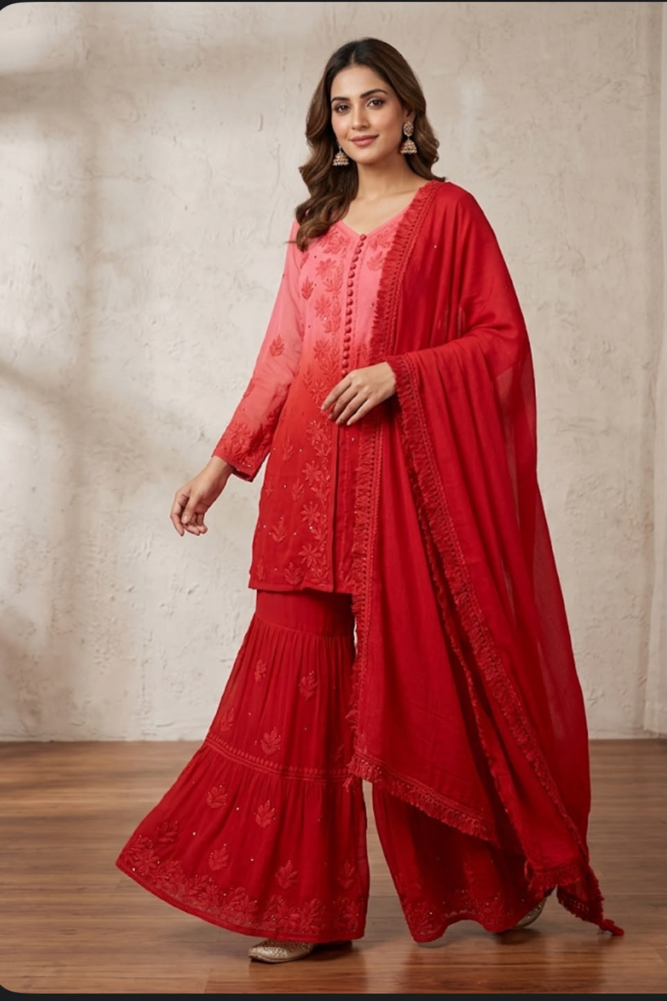Red Ombre Premium Viscose Gharara Set with Short Kurti, Palazzo & Dupatta (Plus Sizes)