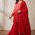 Red Ombre Premium Viscose Gharara Set with Short Kurti, Palazzo & Dupatta (Plus Sizes)