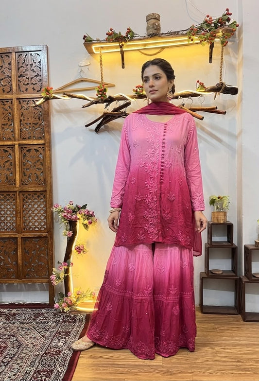Pink Ombre Premium Viscose Gharara Set with Short Kurti, Palazzo & Dupatta (Plus Sizes)